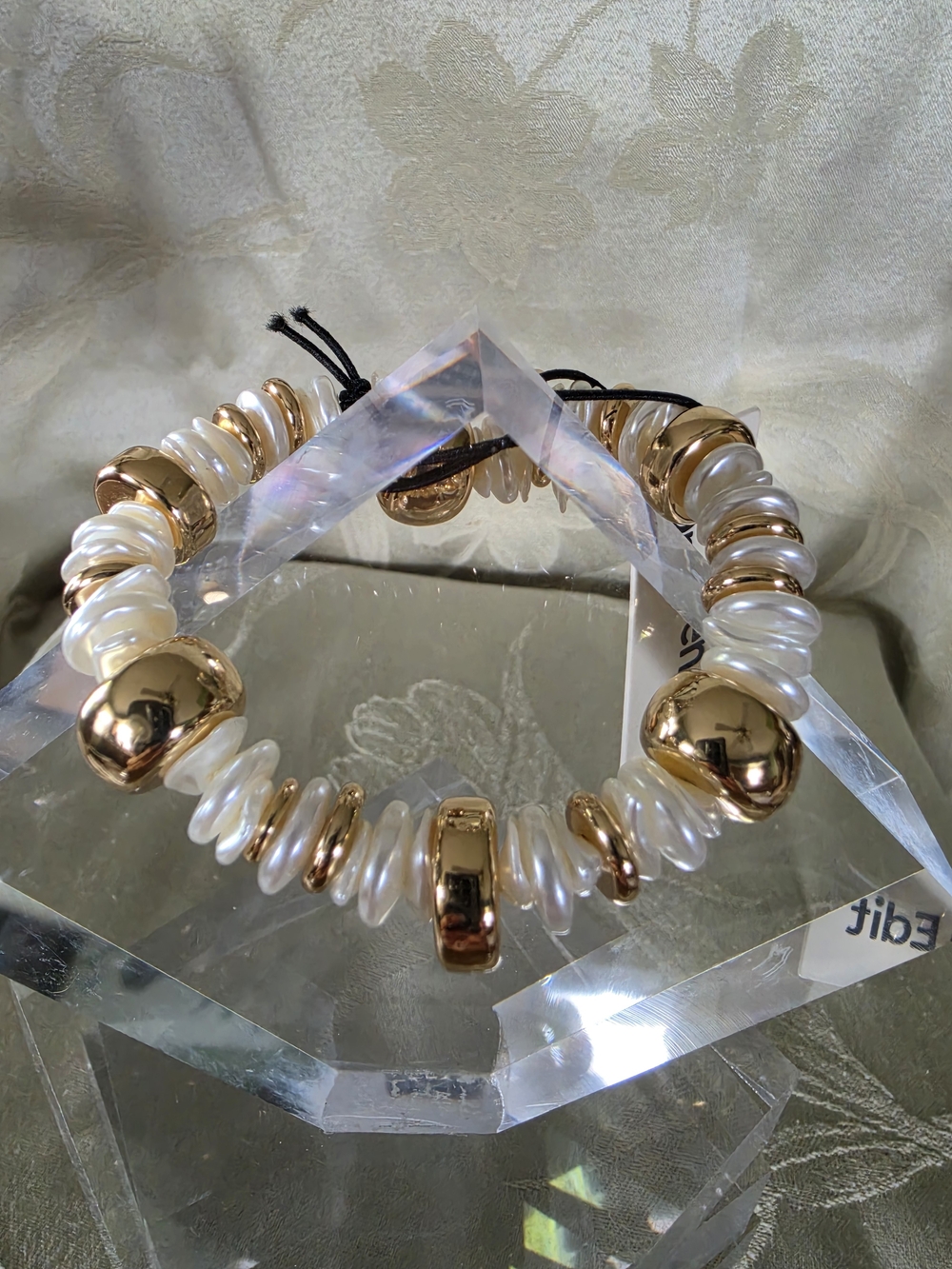 #1184 Gold and White Faux  Pearl Stretch Bracelet with Polished Discs